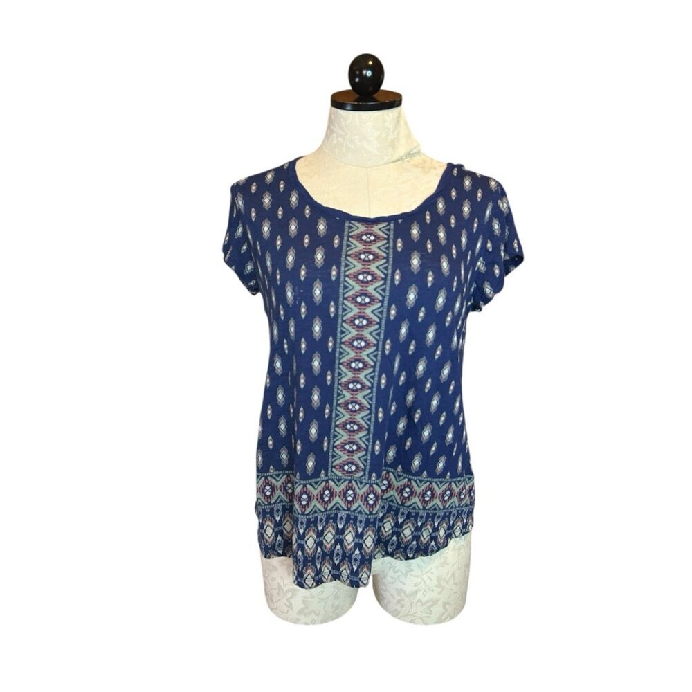 Lucky Brand Blouse‎ Short Sleeve Blue Crewneck Aztec Print Boho Printed Top Sz L
